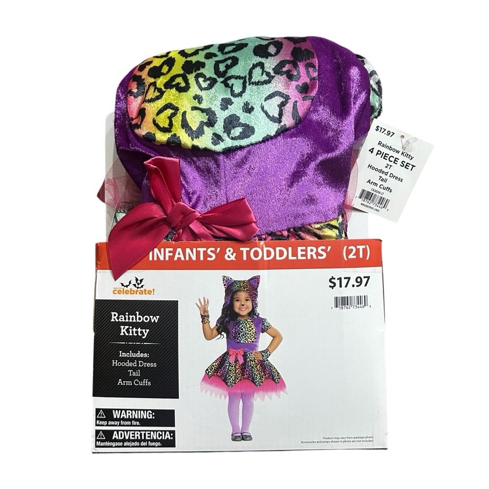 Rainbow Kitty Girls Costume 2T Hooded Dress Tail And Arm Cuffs Adorable NEW
